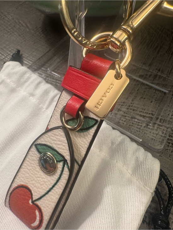 Coach Accessories - NWOT Cherry Print Leather Bag Charm Key Chain with Gold Hang Tag w/ Dusty 🍒